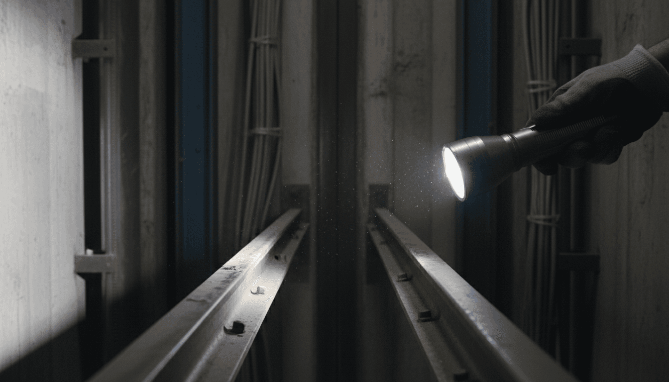 Teknisi menyorotkan senter ke rel pemandu lift di dalam lorong shaft
