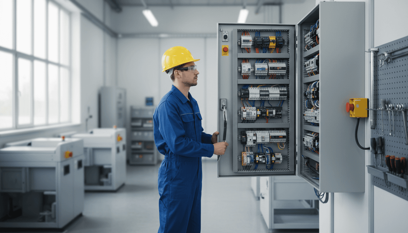 Teknisi membuka panel kontrol mesin lift untuk pemeriksaan berkala