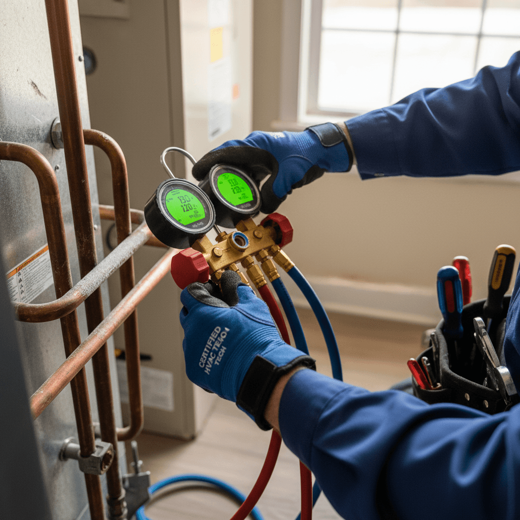 Teknisi menguji tekanan refrigerant pada saluran AC dengan alat pengukur