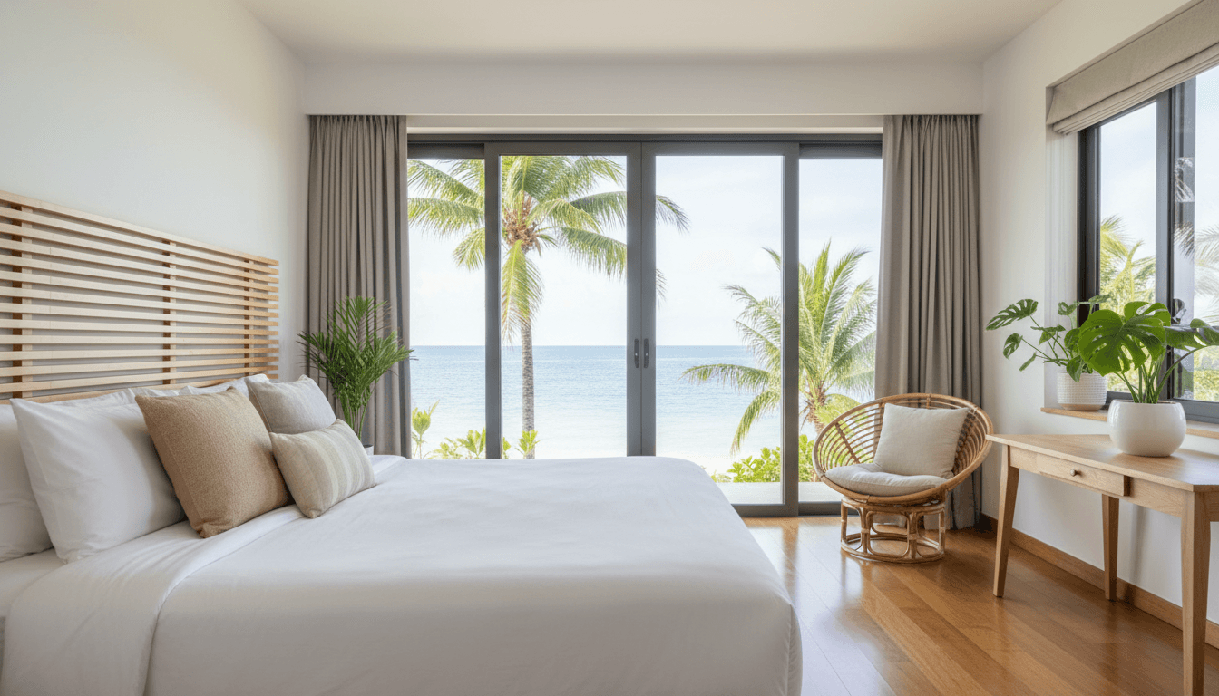 Dua teknisi memasang unit AC split di dinding kamar hotel di Bali