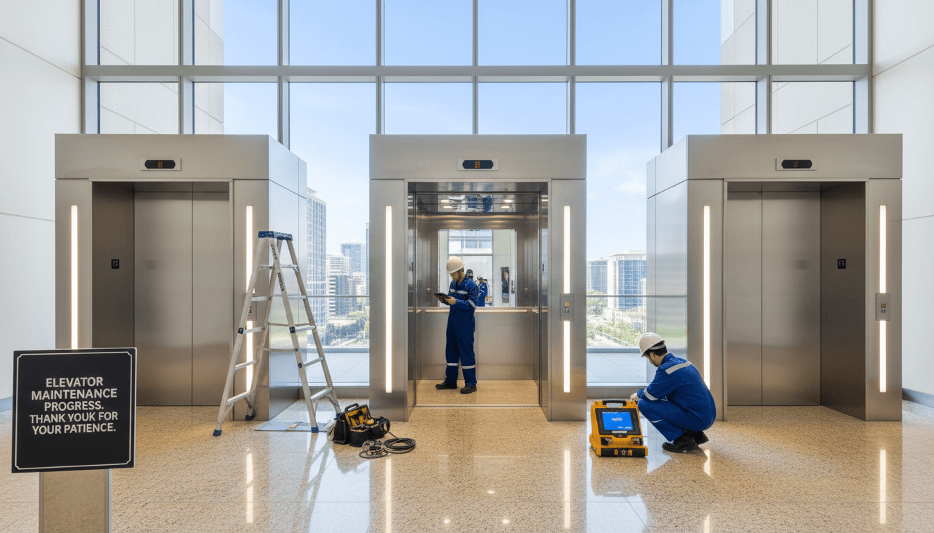 Teknisi meninjau hasil pemasangan lift di lobi gedung menggunakan tablet