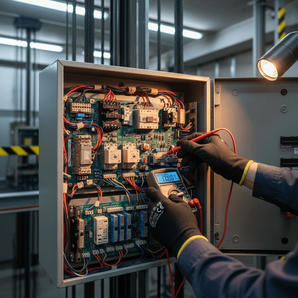 Teknisi memeriksa panel kontrol lift dengan multimeter di ruang mesin